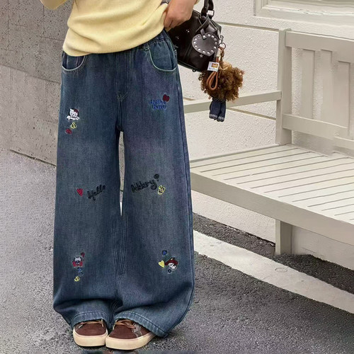 韩系女童加绒牛仔裤2026秋冬新款卡通阔腿裤儿童冬装一体绒弯刀裤