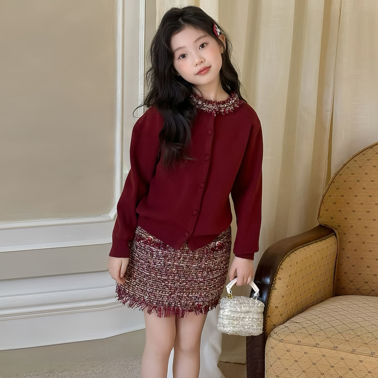 女童小香风针织套装裙秋冬2026新款洋气儿童红色开衫短裙两件套潮,童装/婴儿装/亲子装,套装,淘宝优惠券,粉丝福利购,淘宝优惠卷