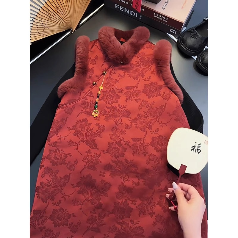 女童国风夹棉连衣裙2024新款儿童唐装拜年服女孩冬季马甲旗袍裙潮