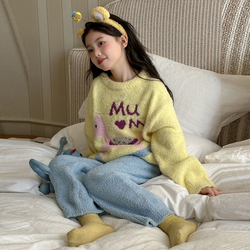 女童半边绒睡衣套装2025新款儿童洋气加绒加厚家居服中大童衣服潮