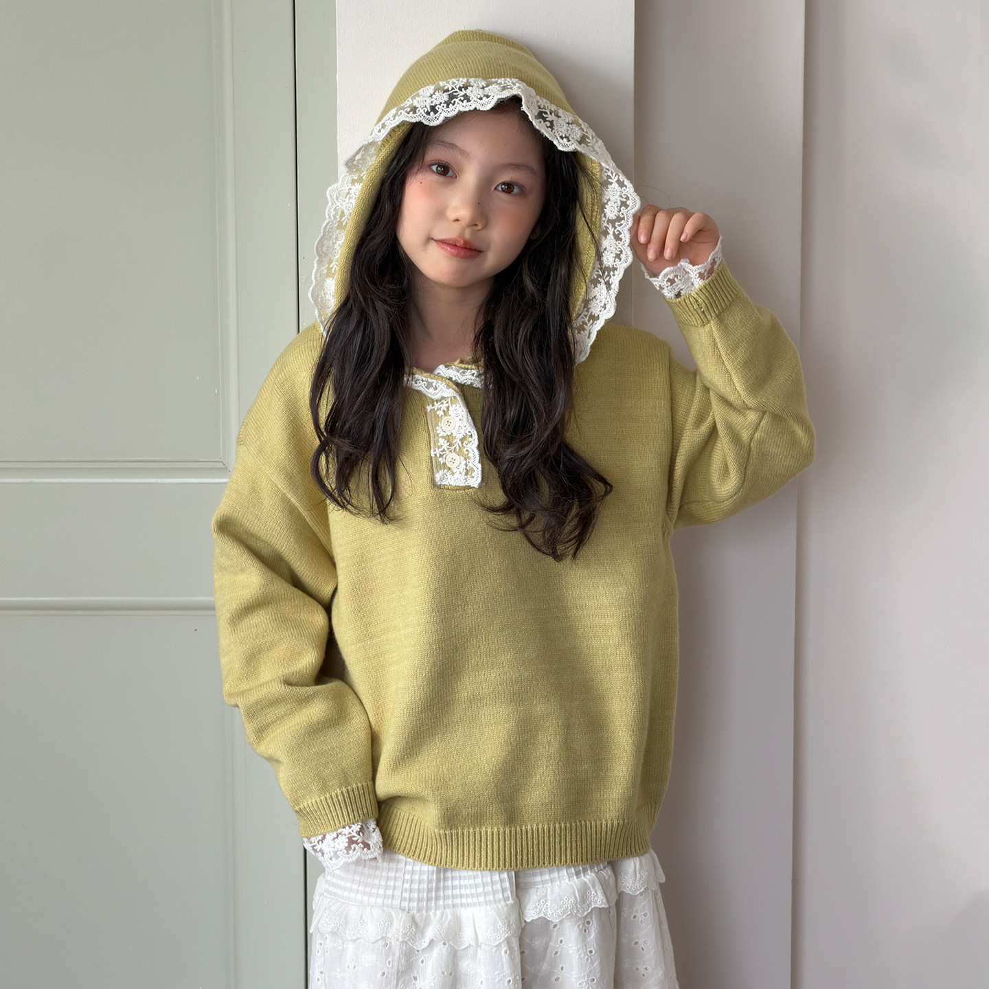 女童韩版蕾丝连帽毛衣秋冬2026新款洋气儿童宽松针织衫女孩毛线衣