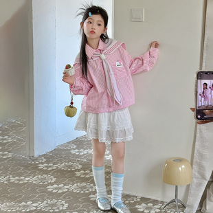 女童甜美风韩版条纹衬衫套装春装2026新款春秋儿童蝴蝶结三件套潮