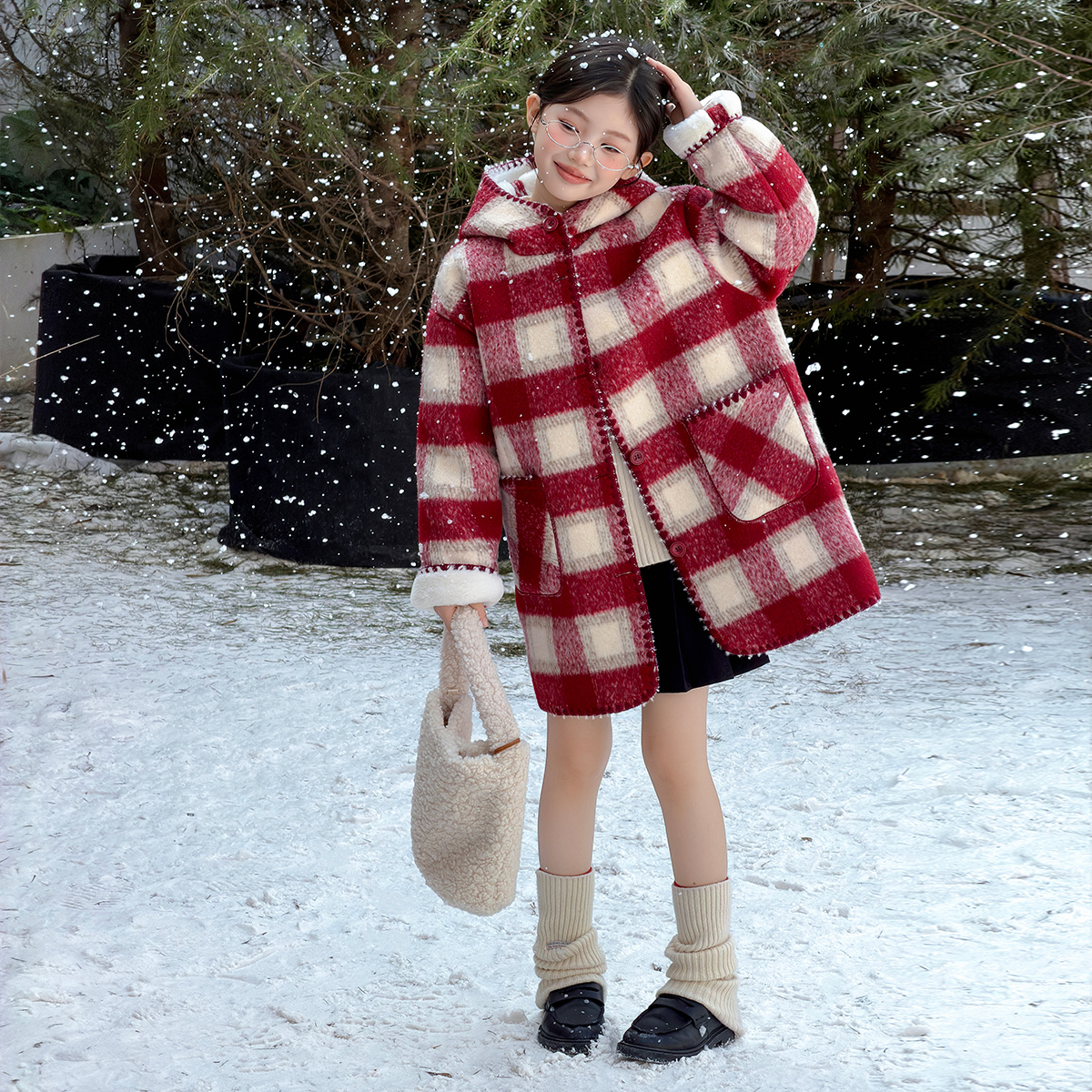 女童中长款呢子大衣冬装2025新款韩版儿童加绒加厚格子外套洋气潮