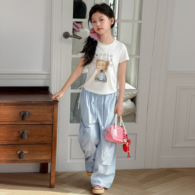 甜美女童俏皮套装夏季2026新款儿童简约卡通短袖T恤夏装工装裤潮