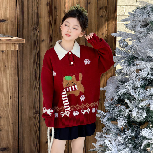 女童红色翻领毛衣秋冬2026新款儿童宽松慵懒针织衫女孩冬季毛线衣