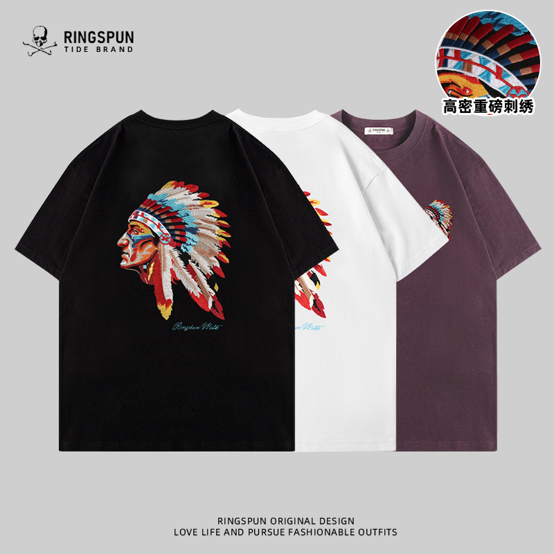 【印第安人】新款潮牌刺绣短袖t恤男圆领夏季百搭情侣装宽松男女t