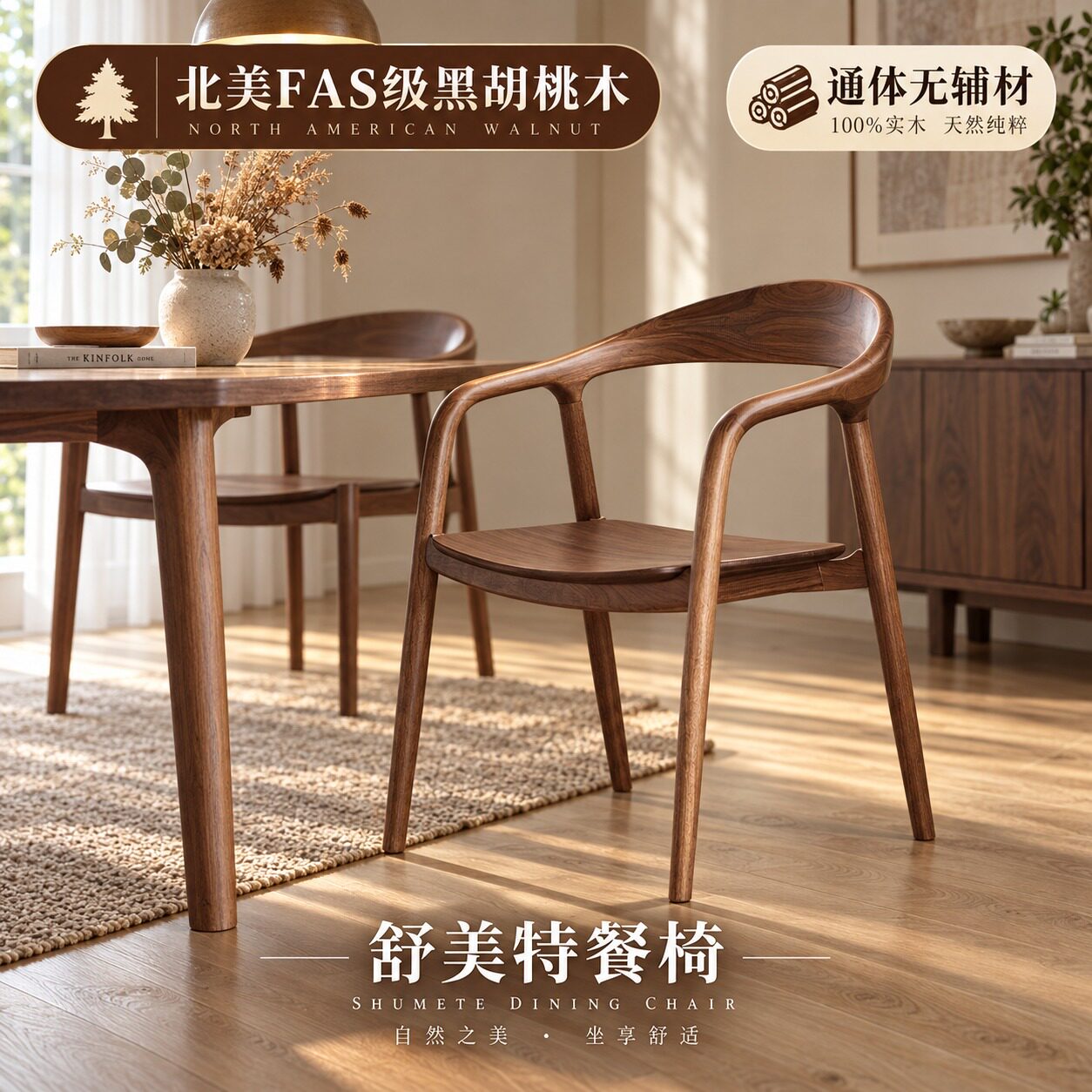 北美黑胡桃木餐椅实木日式舒美特扶手椅新中式原木家用休闲书桌椅