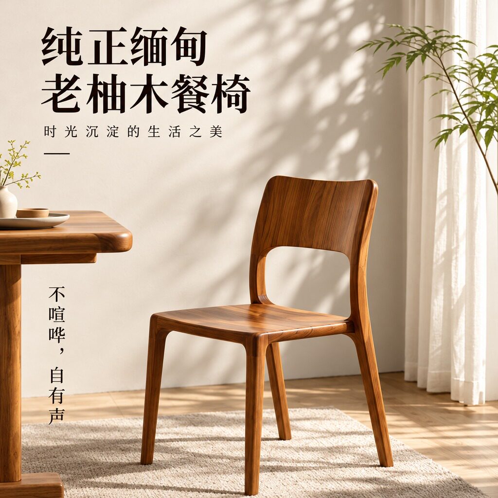 纯正缅甸老柚木原木色靠背餐椅