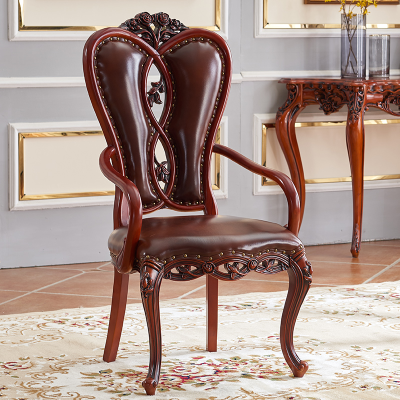 欧式实木意式轻奢扶手真皮舒适椅子做旧皮革酒店咖啡家用电脑餐椅