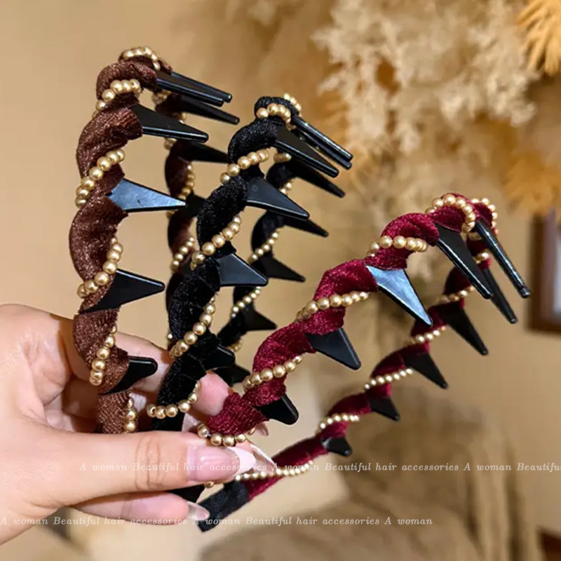 2025新年发饰红色波浪发箍女士带齿高颅顶水钻头箍女洗脸发卡头饰