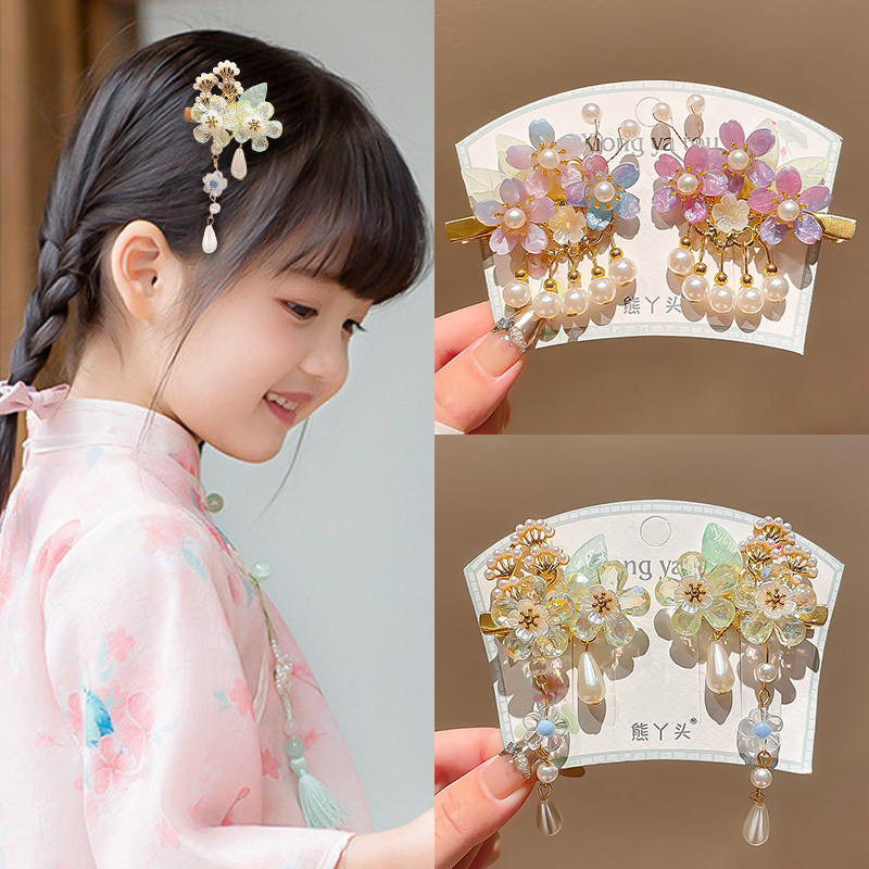 仙气古风头饰女童汉服国风发饰儿童蝴蝶流苏发夹女新款小女孩边夹