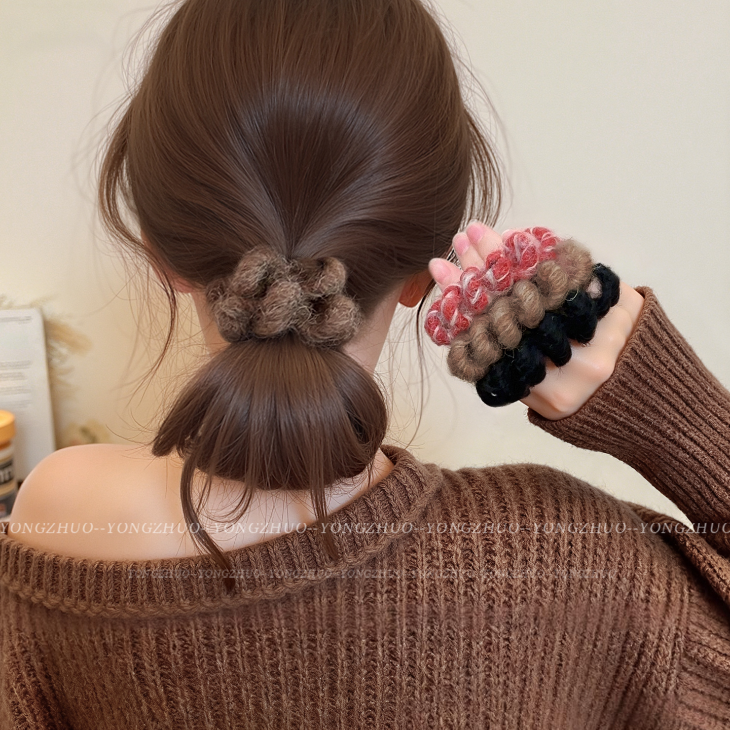 复古毛绒电话线发圈女高级感秋冬低丸子头专用头绳扎马尾发绳皮筋