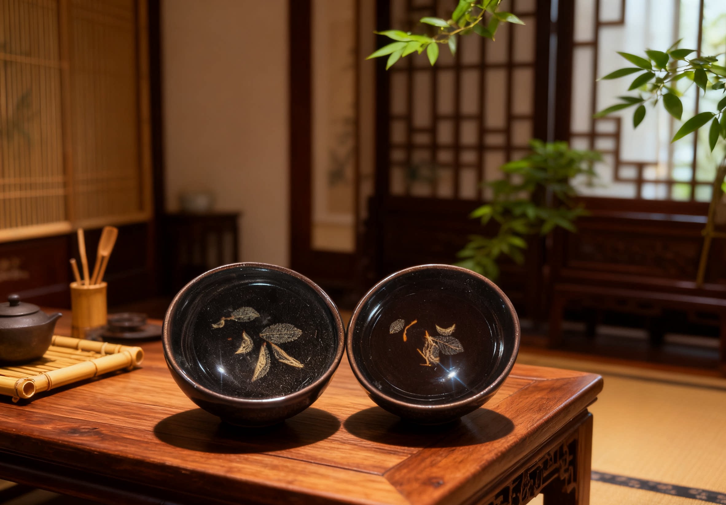 吉州窑纯手工榆树木叶天目盏普洱杯一口杯真实树叶功夫茶具套装