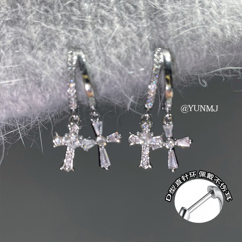 双层十字架医用钛钢直针个性耳扣