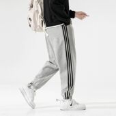 百搭裤 秋冬三杠运动裤 男直筒宽松棉料春秋加厚透气休闲束脚长裤 子