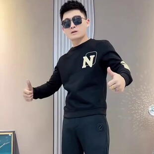 欧美简约时尚字母印花卫衣男网红修身痞帅长袖百搭圆领纯棉打底衫