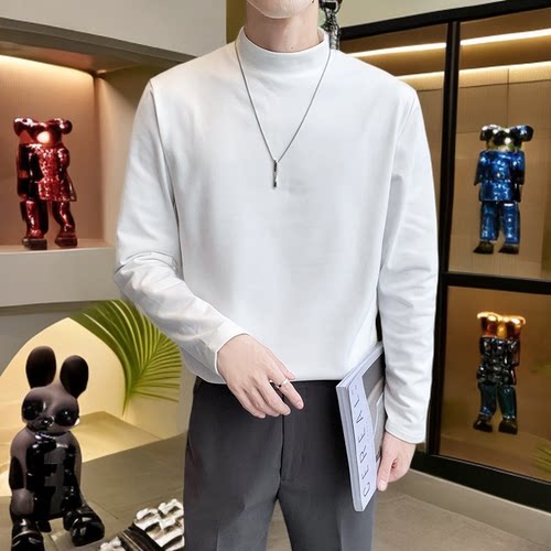 简约内搭白色长袖t恤男半高领德绒打底衫2025秋冬季新款男士上衣