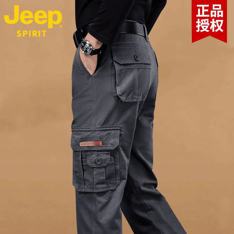 吉普官方正品牌男装多口袋工装裤秋冬厚款中年男士直筒休闲裤战地