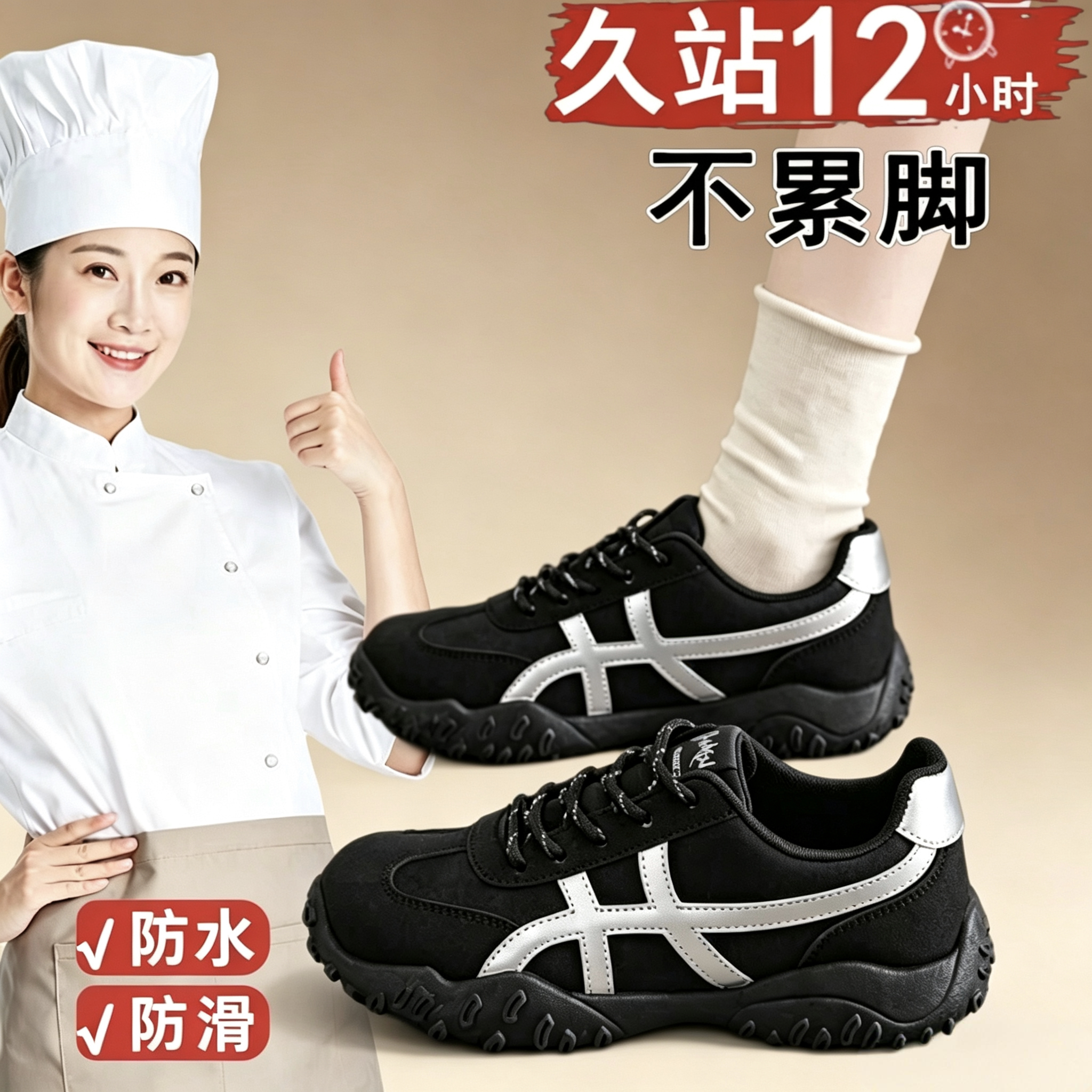 肯德基厨房工作鞋女防水防油防滑黑色阿甘鞋软底久站不累脚上班鞋