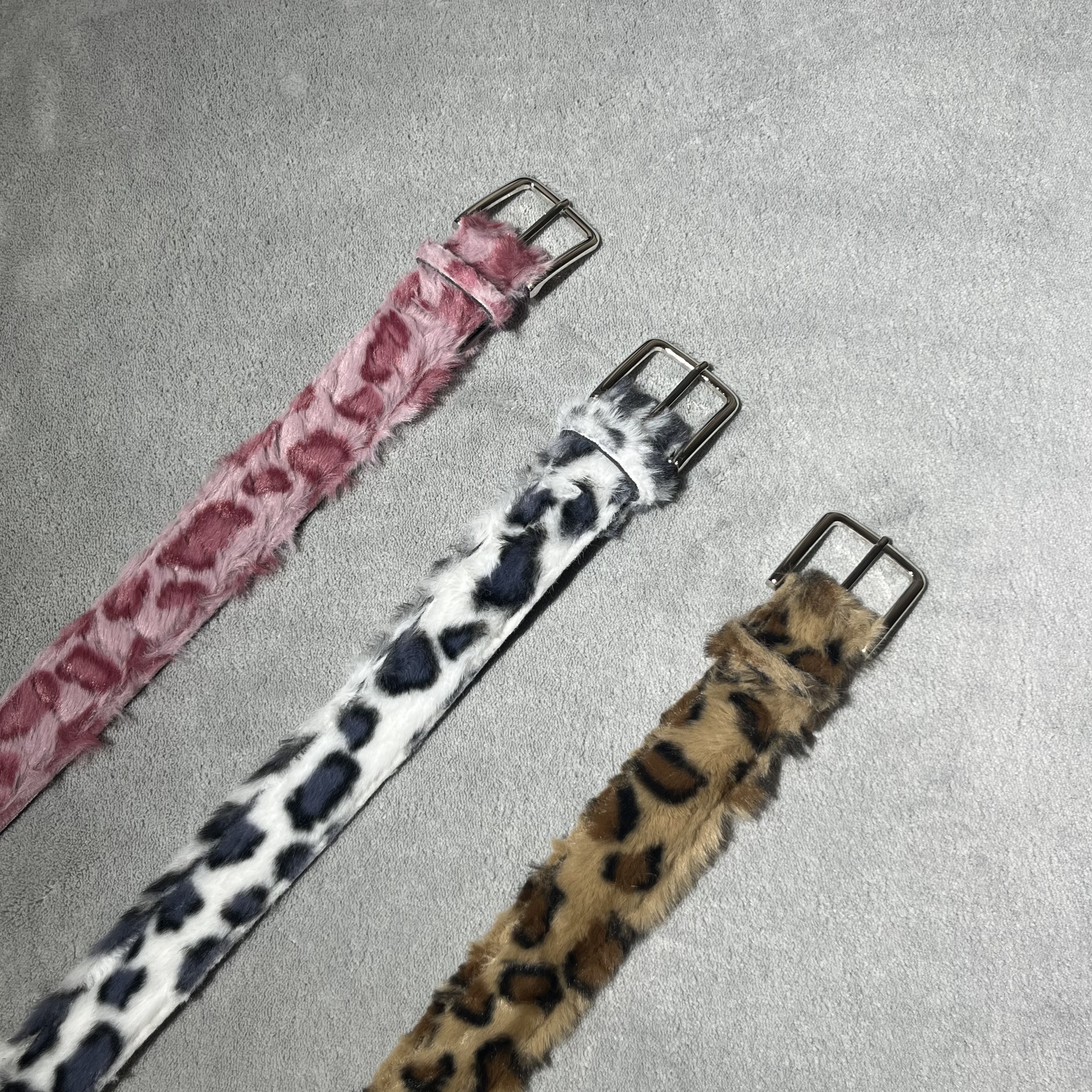 小众设计朋克百搭男女针扣皮带配饰Vintage中古豹纹毛绒腰带