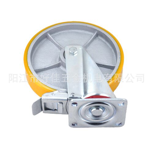 源头工厂产品250X50mm欧洲款重型高承载平板双刹铁芯聚氨脂PU脚轮