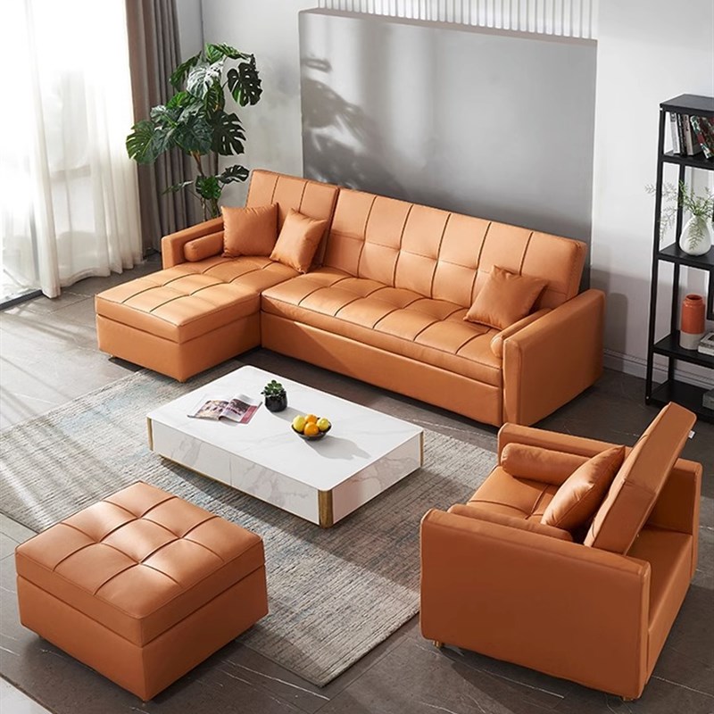 沙发床带贵妃 北欧风小户型客厅储物可折叠两用转角 橙色沙发轻奢