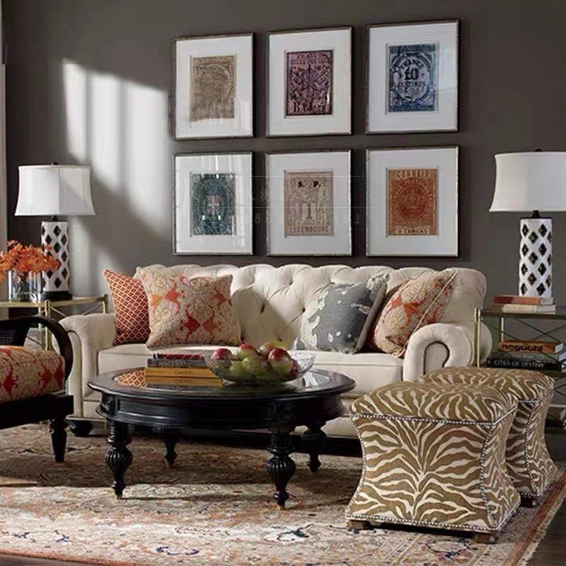 美式实木复古客厅圆形茶几法式黑色做旧小户型阳台藤艺小茶桌橡木