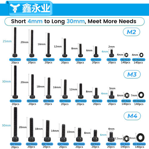 现货铁发黑杯头内六角螺钉1260pcsM2~M4螺丝螺母平垫组合套装螺丝