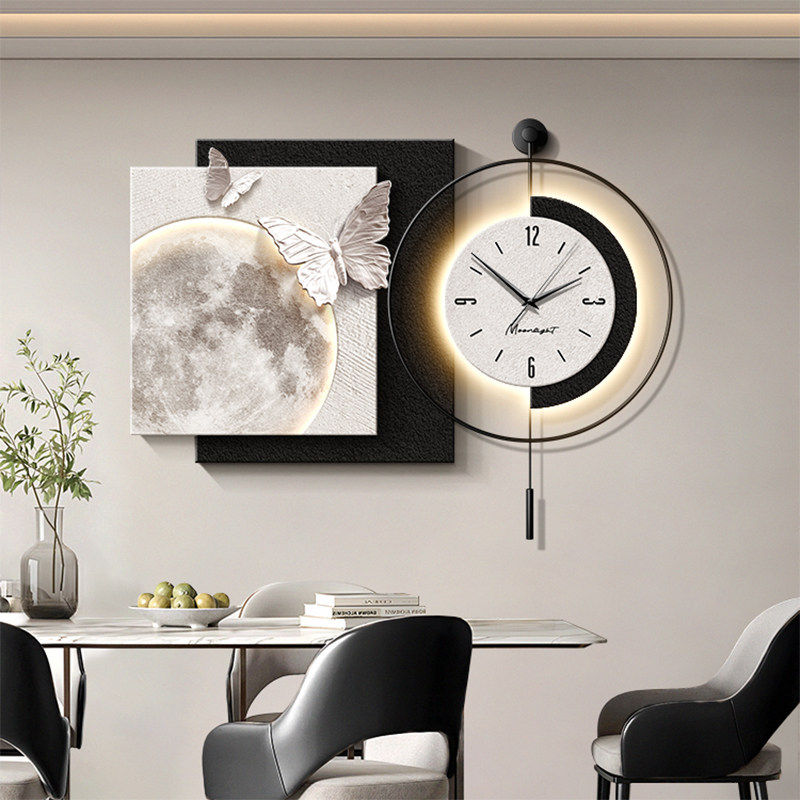 现代高级感餐厅装饰画挂钟饭厅餐桌墙挂画带钟表月球壁画2025新款,家居饰品,现代装饰画,淘宝优惠券,粉丝福利购,淘宝优惠卷