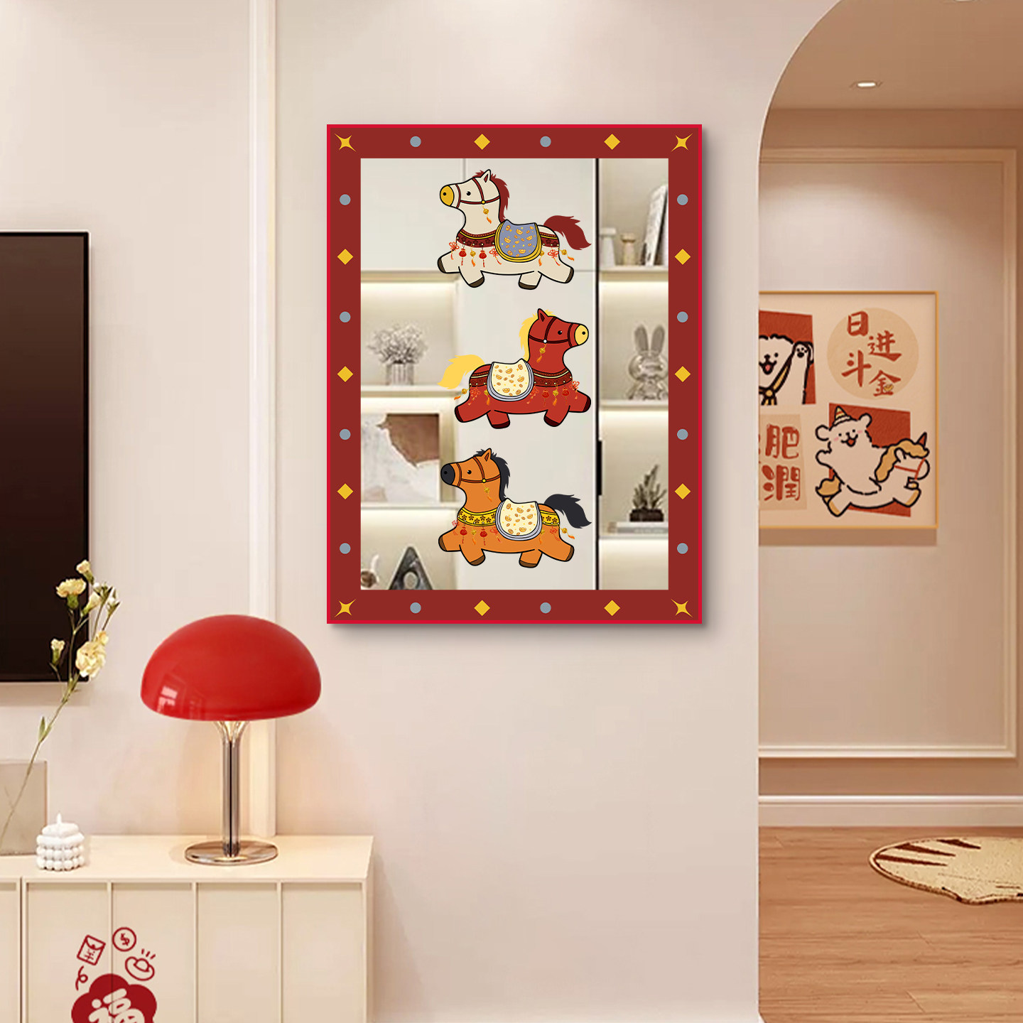 卡通马年沙发背景墙挂画多巴胺镜子画创意马上有钱玄关客厅装饰画,家居饰品,现代装饰画,淘宝优惠券,粉丝福利购,淘宝优惠卷