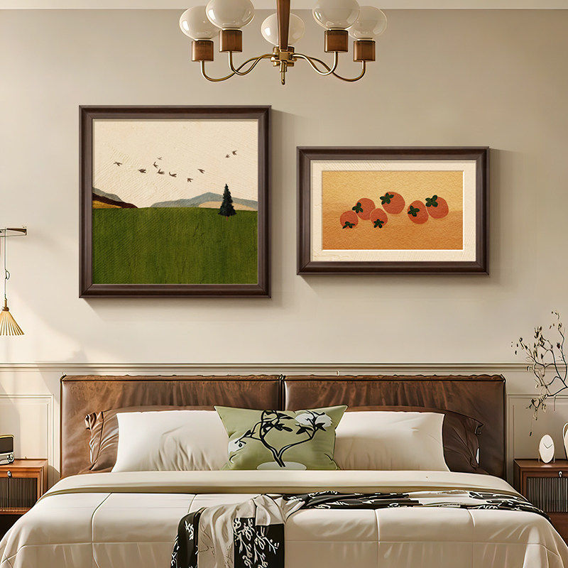 中古风复古风卧室装饰画高级感柿柿如意房间床头挂画绿色艺术壁画