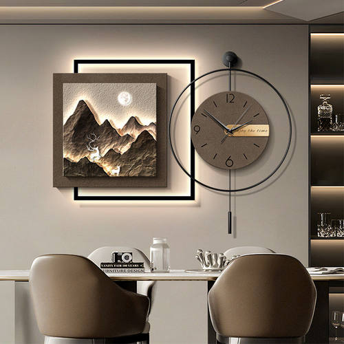 现代轻奢高级感餐厅装饰画挂钟饭厅餐桌墙发光立体挂画带钟表壁画