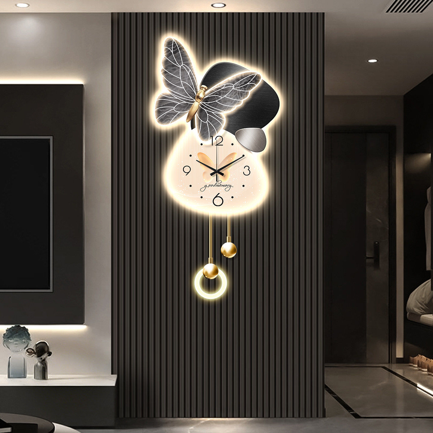 轻奢高级感带时钟电视背景墙装饰画石来运转客厅挂画创意格栅壁灯