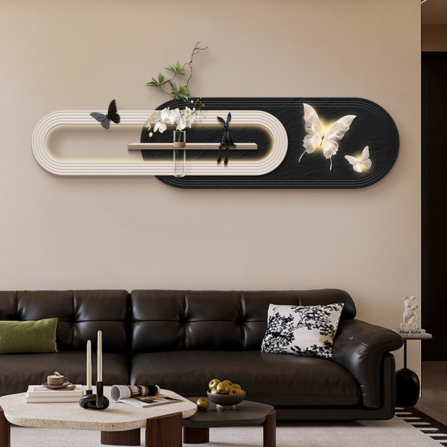 现代极简客厅装饰画2026新款蝴蝶沙发背景墙挂画大白墙立体壁画灯,家居饰品,现代装饰画,淘宝优惠券,粉丝福利购,淘宝优惠卷