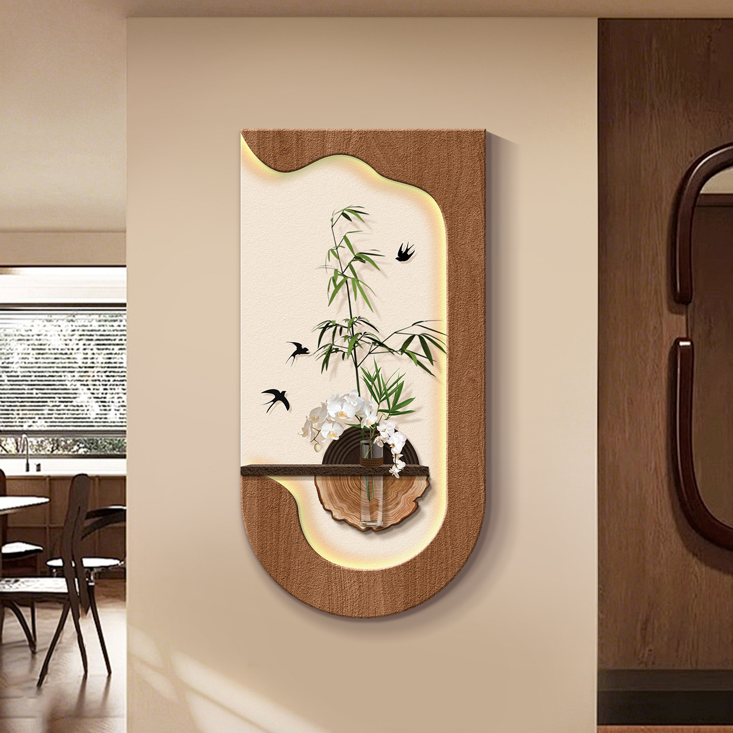 中古风水培绿植玄关装饰画复古高级感走廊尽头挂画入户进门壁灯画