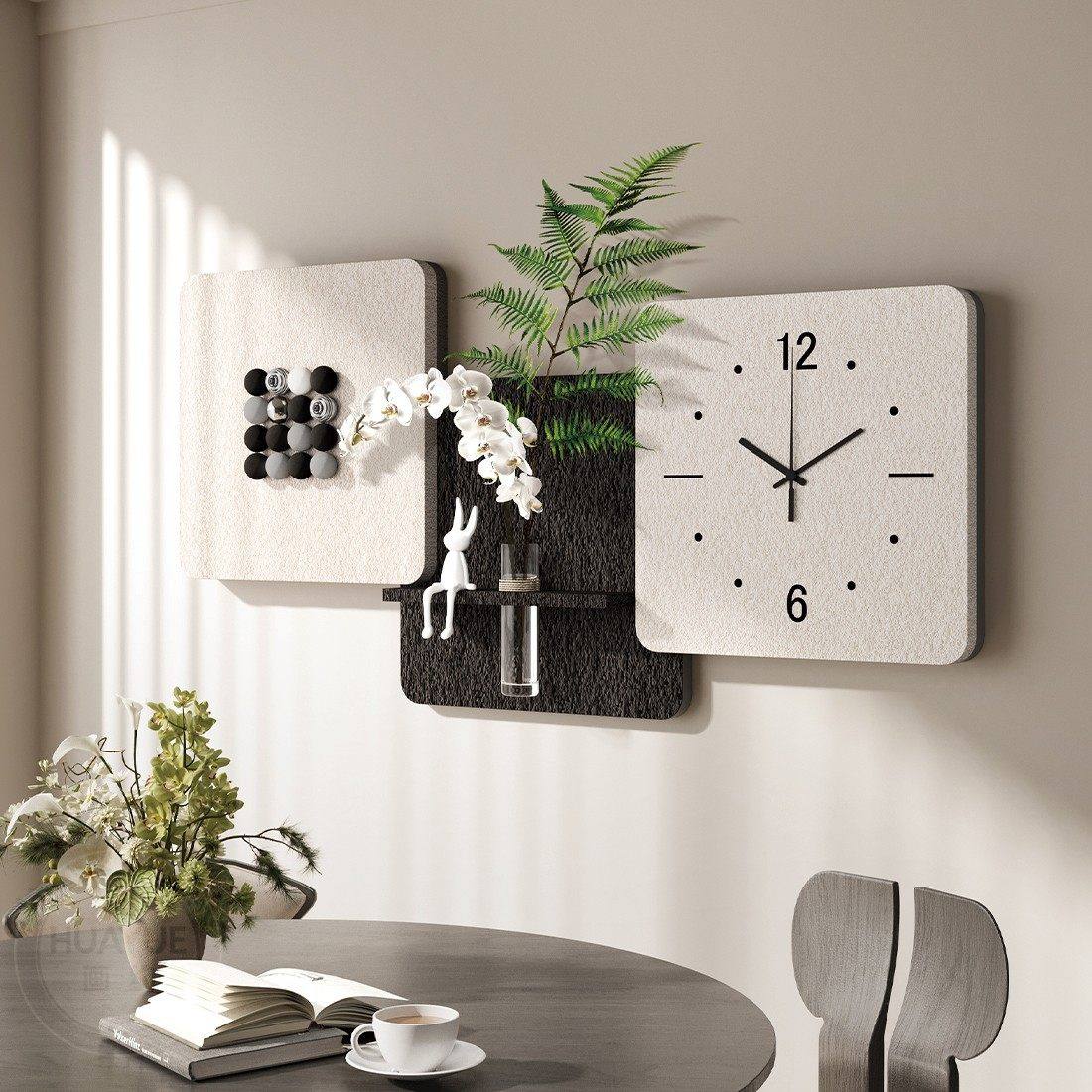 立体砂岩现代简约餐厅装饰画带钟表高级感电视背景墙挂画水培植物