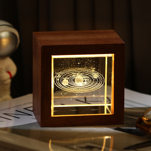 跨境3D银河水晶立方体桌面摆件实木发光小夜灯工艺品装饰生日礼物
