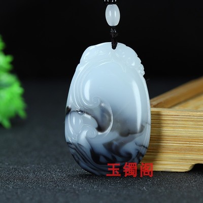 和田玉青花籽料玉如意挂件项链