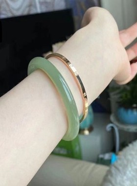 和田玉手镯窄版叮当圆条手镯