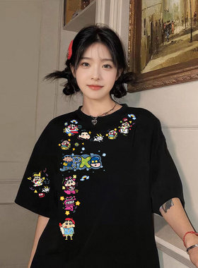 广州十三行外贸订单~韩版卡通蜡笔小新印花纯棉男女短袖T恤上衣服