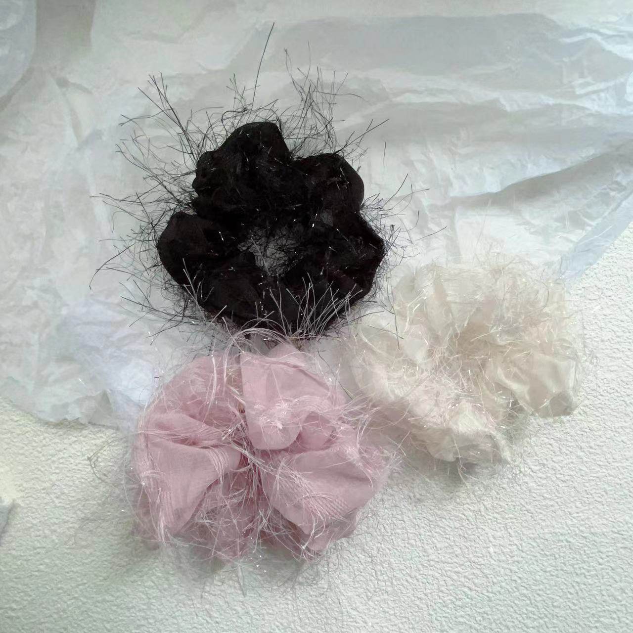 氛围感美女~超仙亮丝飘逸发圈网纱大肠圈流苏头绳扎丸子头发饰品