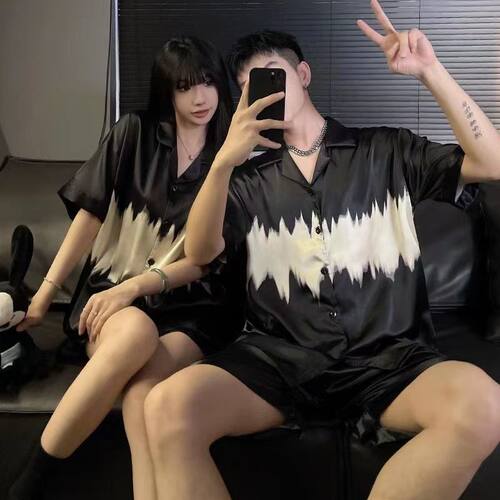 情侣睡衣冰丝夏季短袖翻领开衫印花可外穿高级感家居服套装