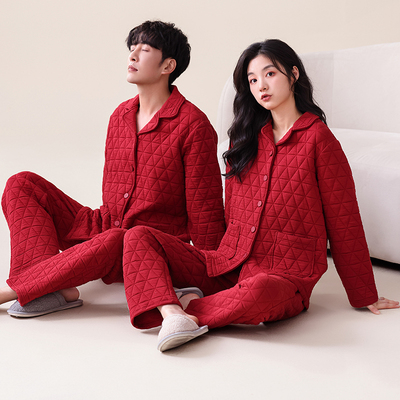 红色情侣睡衣冬季空气棉夹层纯棉