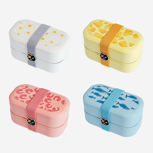 KAKACAT双层抗菌便当盒 可爱饭盒可微波炉加热日式分隔水果野餐盒