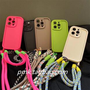 个性 撞色编织挂绳适用苹果14promax手机壳iphone13腕带手提11纯色16软壳xsmax简约12pro双挂孔保护套78plus