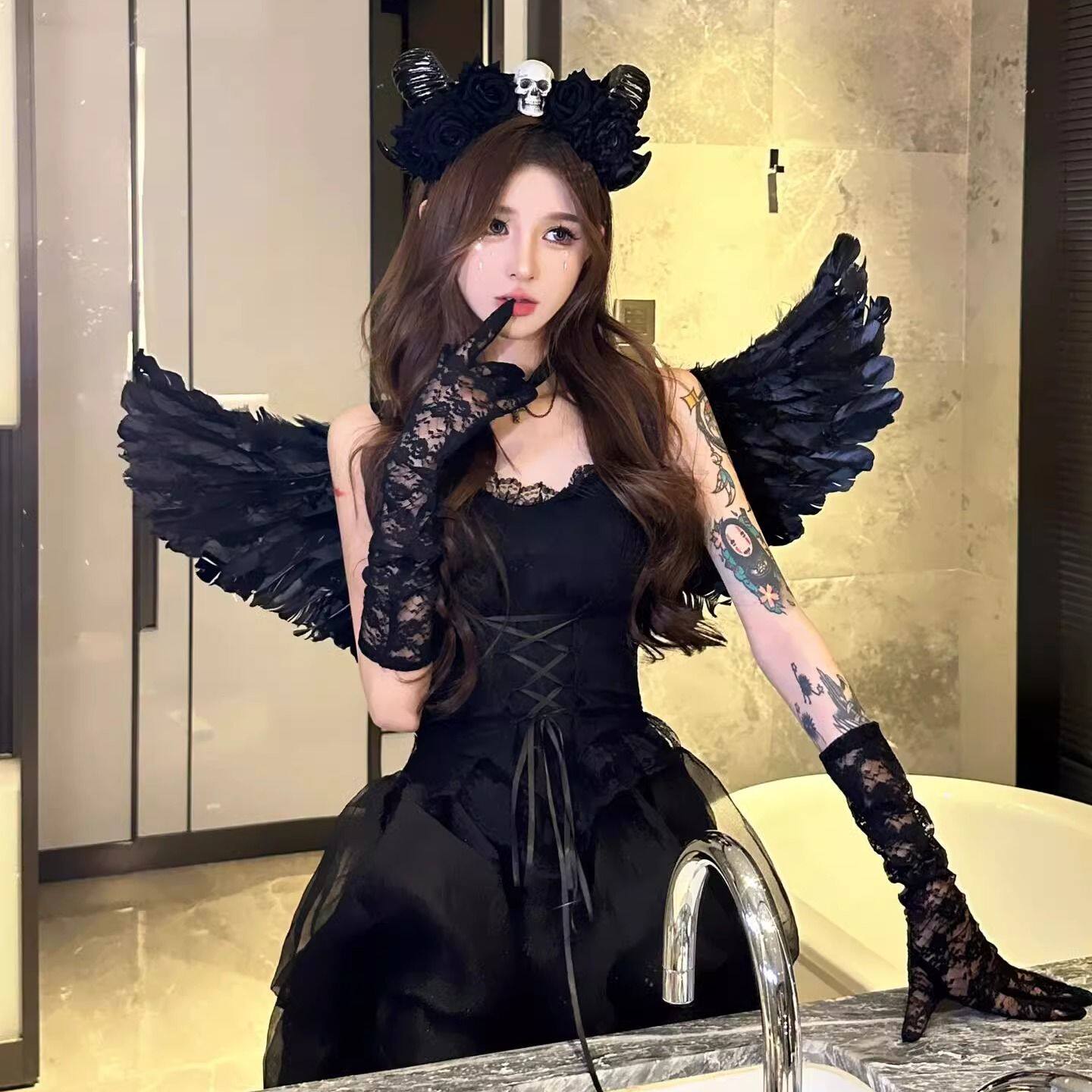 辣妹！万圣节cos服装白天使黑恶魔鬼新娘翅膀成人女连衣裙暗风y2k图片