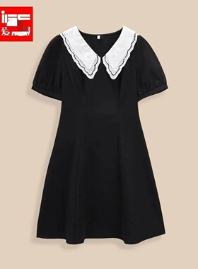 高档IYF爱家2025夏季新款港式复古休闲学院风通勤百搭黑色连衣裙