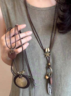 新中式禅意长款羽毛项链女复古民族风装饰毛衣链波西米亚吊坠配饰