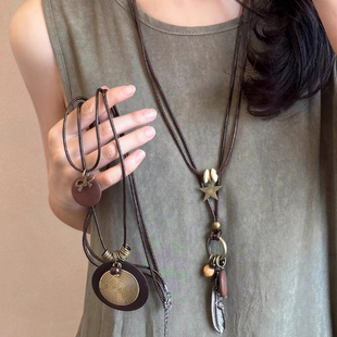 新中式禅意长款羽毛项链女复古民族风装饰毛衣链波西米亚吊坠配饰