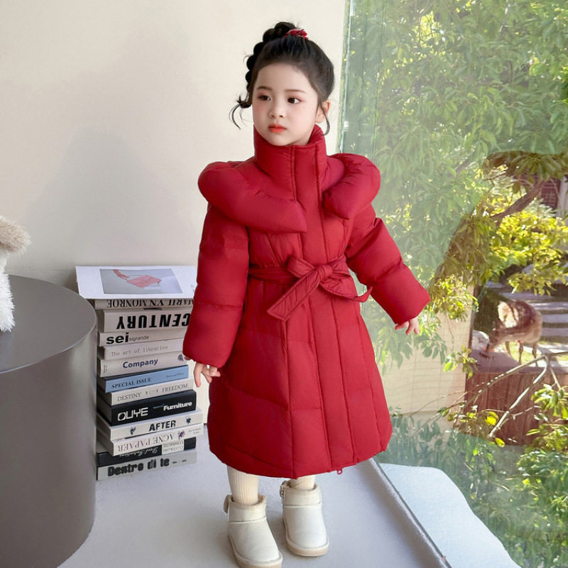 女童中国红长款腰带儿童羽绒服外套2025新款中长款女宝冬季外套潮